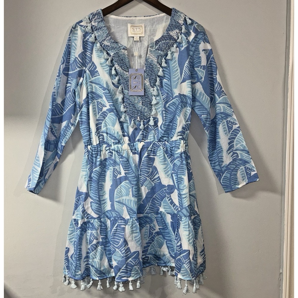 Sail To Sable Blue White Palm Trees Cover Up Mini Dress Tassels Medium NWT